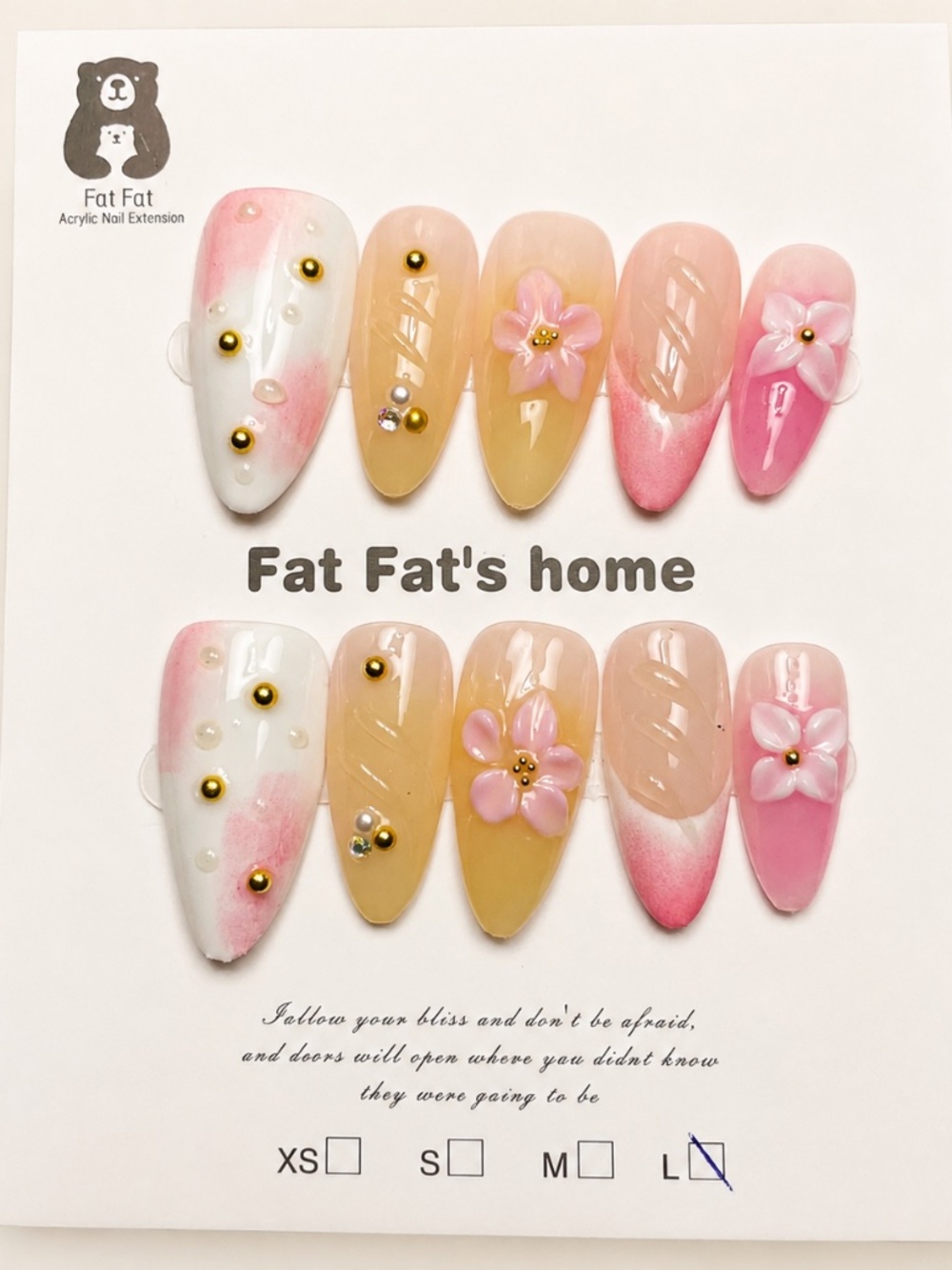 NEW Blush Champagne 3D Floral Press On Nails | Long Almond |Gold Accent | Large